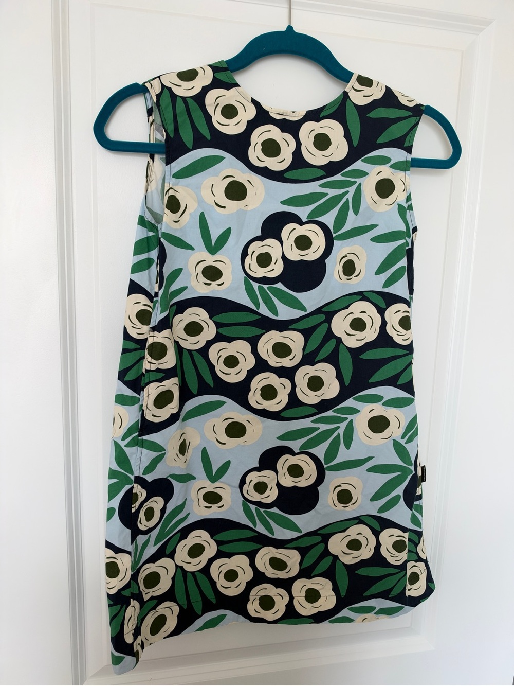 Marimekko Girls Floral A-Line Dress in Light Blue, Navy & Green